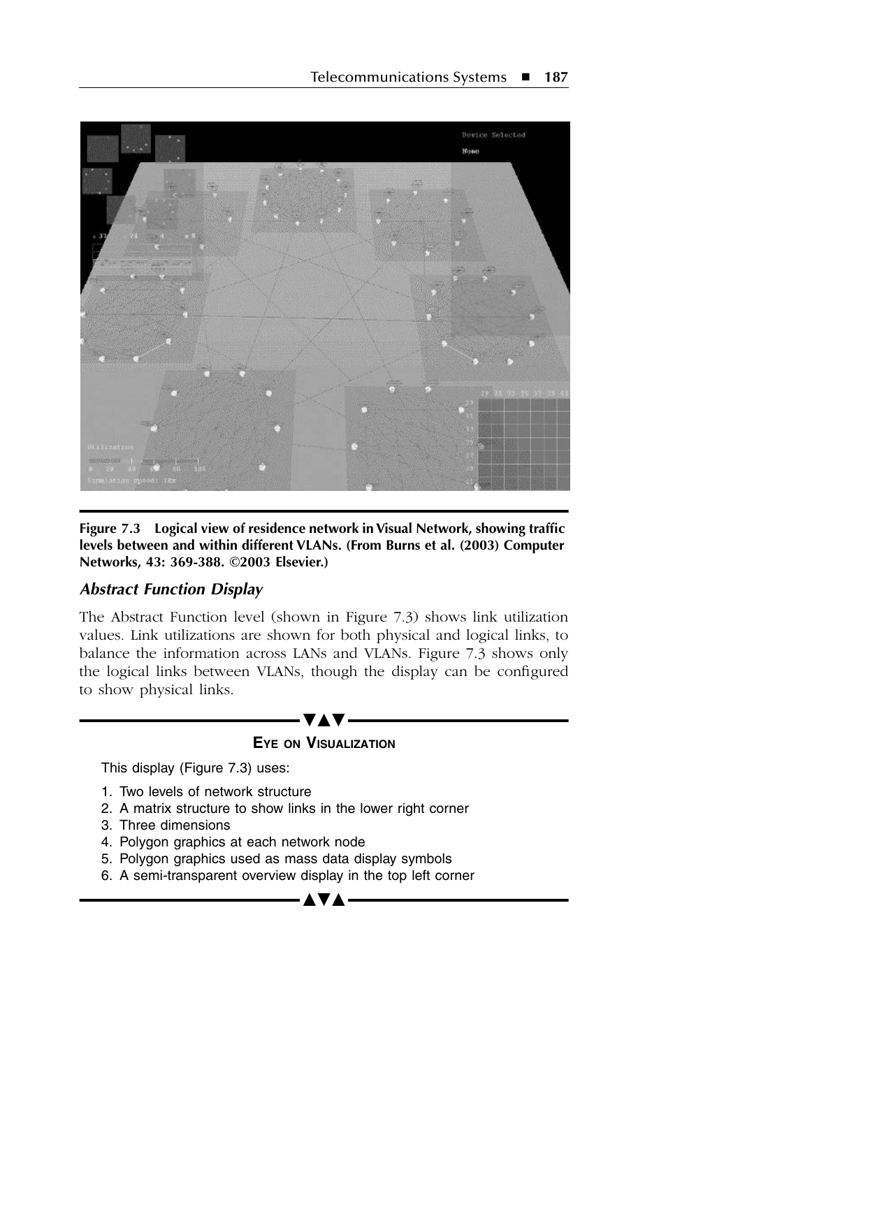Figure 2: The main three-dimensional EID display, showing traffic levels between and within VLANs, with the semi-transparent Mass Data Display overview at top left and the utilisation matrix at lower right (after Burns & Hajdukiewicz, 2004, Fig. 7.3, orig. p. 187; originally Burns et al., 2003, ©Elsevier).